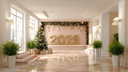 New Year 2028 Interior Scene: Elegant and festive interior design, featuring a Christmas tree, decorative balloons spelling out the new year, and a warm, inviting ambiance to welcome 2028.