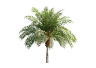 Fototapeta premium Isolated palm tree against white background. Lush green fronds radiate outward from a tall, slender trunk