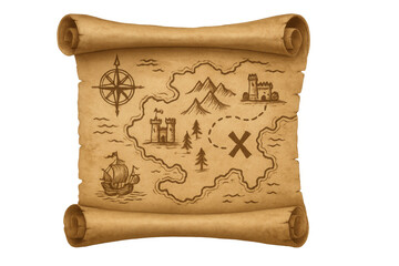 Naklejka premium Old treasure map scroll with x marking spot