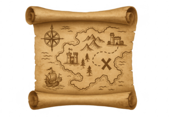 Old treasure map scroll with x marking spot