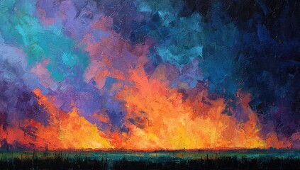 Vivid, impasto oil painting showing fiery blaze beneath swirling, multi-hued, textured sky