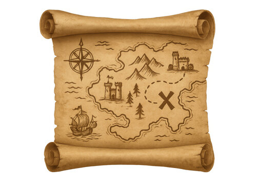 Old treasure map scroll with x marking spot