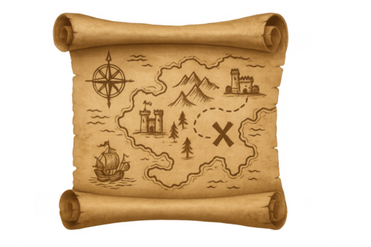 Old treasure map scroll with x marking spot