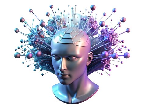 Abstract futuristic head with exploding neural network ornaments