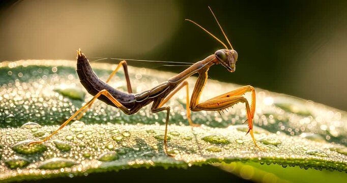 Close-up of a praying mantis perched on a dewy leaf in a sunlit garden