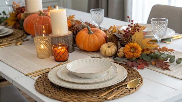 Modern table setting for fall holidays. thanksgiving. halloween. wedding with white plate - Powered by Adobe