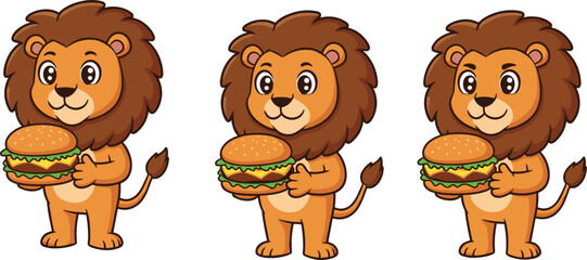 Cute cartoon lion holding big hamburger, funny animal character design, fast food concept illustration, adorable mascot art, playful kids vectorCute cartoon lion holding big hamburger, funn