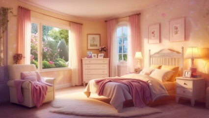 Fototapeta premium Serene Bedroom Interior with Soft Lighting and Pink Accents.