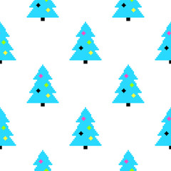 Seamless pixel art Christmas trees pattern on white background for festive design