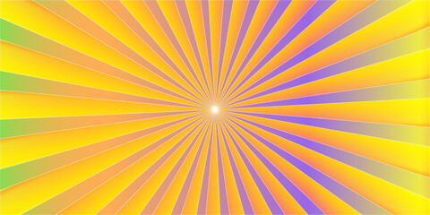Vibrant abstract radial burst of yellow purple and green light rays emanating from a bright center