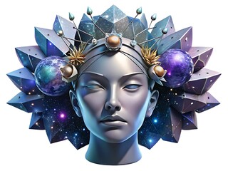 Cosmic goddess crowned with celestial orbs and geometric crystals