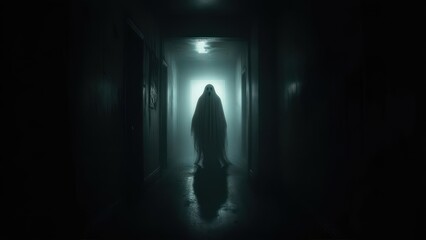 Silhouette of a hooded figure in a dark eerie hallway with glowing light at the end.