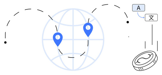 Globe with location markers, translation text, and currency coin. Ideal for global trade, communication, localization, e-commerce, language learning travel finance. Simple flat metaphor