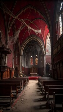 Gothic abandoned dark red bloody church interior. Mystic. horror. surreal. dramatic scene.