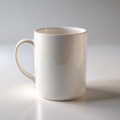 Obraz premium Simple white ceramic coffee mug with a handle on a clean white surface with soft lighting