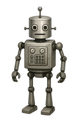 Vintage robot illustration with retro design and mechanical features,png on transparent background