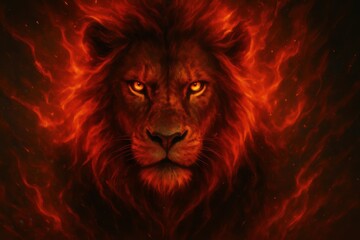 Naklejka premium Majestic lion roaring in fiery glory digital artwork fantasy realm close-up power and majesty