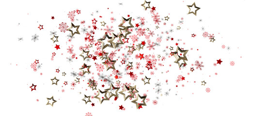 Obraz premium Festive background of floating gold stars and red and silver snowflakes for holiday designs, Christmas cards, New Year celebrations, and seasona