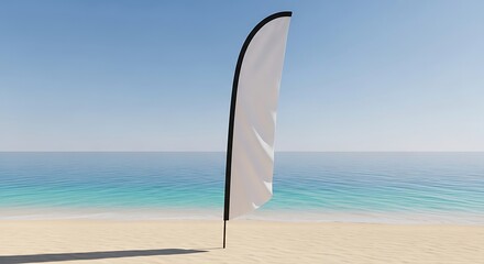 Blank White Feather Flag on Sunny Beach, Blue Sky  Ocean Backdrop, Ready for Custom Branding or Advertising Mockup.