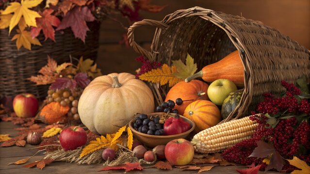Thanksgiving. A harvest scene with pumpkins. autumn leaves. and a cornucopia of fruits and