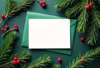 A festive still life presents a blank, textured card atop a green envelope, artfully arranged amidst sprigs of evergreen and red berries, christmas background