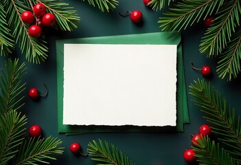 A festive still life presents a blank, textured card atop a green envelope, artfully arranged amidst sprigs of evergreen and red berries, christmas background