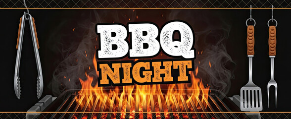 A BBQ grill with tongs and spatula hanging above it, with flames and smoke rising from the grill.