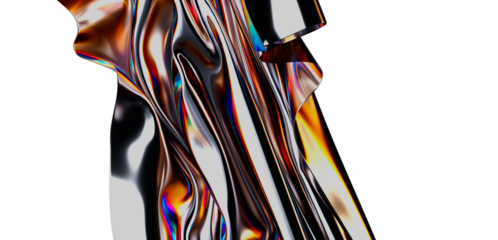 Stunning abstract image of flowing metallic fabric with a glossy iridescent surface, creating a captivating visual. Perfect for design backgroun