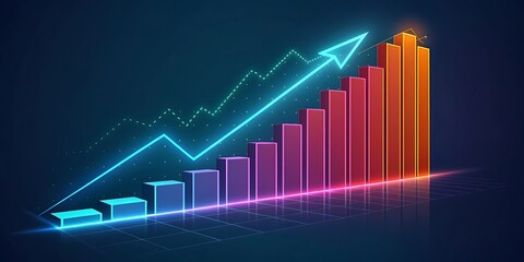 Neon bar chart and line graph showing upward trend