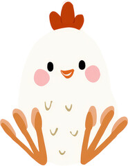 Cute cartoon chicken with orange comb and feet smiling happily.
