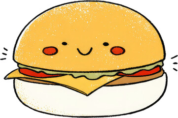 Cute Cartoon Burger with Smiling Face and Delicious Ingredients.