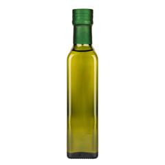 olive oil in glass bottle on white background, isolate