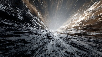 A dramatic landscape with celestial light piercing through rocky terrain creating a sense of awe and wonder