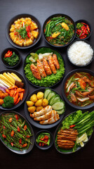 Fototapeta premium A delightful array of vibrant Asian cuisine is beautifully arranged on a dark wooden table ready to be enjoyed offe an appetizing culinary experience.