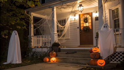 Spooky Halloween porch decorated with ghost figures. Jack-O-lanterns. and spider webs under
