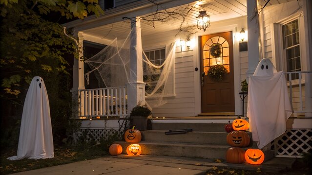 Spooky Halloween porch decorated with ghost figures. Jack-O-lanterns. and spider webs under