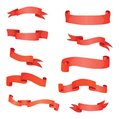 Set of red ribbons for decoration. Classic. Bow, award. Strip of fabric. Silk. Stamp. Place for inscription. Vector illustration on a white background.
