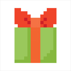Gift in a box. Game elements. Environment for Retro 8 bit icons for old school platformer video game. Pixel art. Vector illustration isolated on white background.
