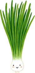 Cute Cartoon Green Onion with Smiling Face on White Background.