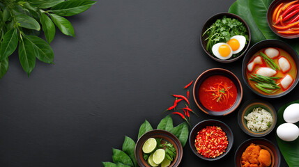 Overhead shot showcases a diverse arrangement of vibrant Thai cuisine dishes served in dark bowls, artfully arranged on a dark surface with leafy green accents.
