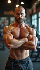 Fototapeta premium Confident muscular man showcasing strength in a gym