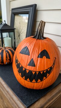 Halloween pumpkin. frame. flatley and place for text. orange and black. scary and cute smile