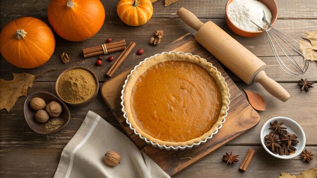Homemade fall baking with pumpkin ingredients spices and utensils for making pumpkin pie and