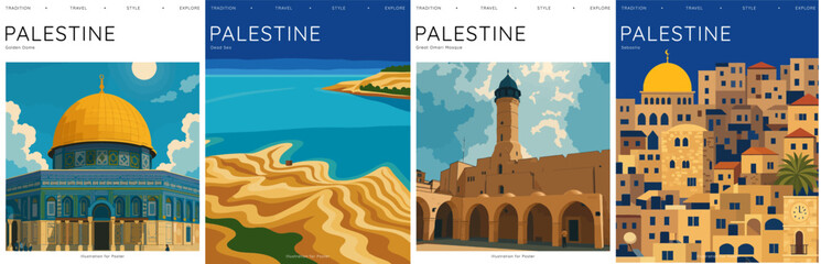 Naklejka premium Vector illustration of Palestine for tourism, travel, promotional poster, advertising tours, guidebooks, brochures, magazine, book covers, geography, wallpaper, prints, sticker, postcards, stamps.