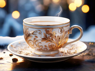 Elegant gold and white ornate teacup with steaming beverage, glowing in a festive, cozy winter setting with bokeh lights.