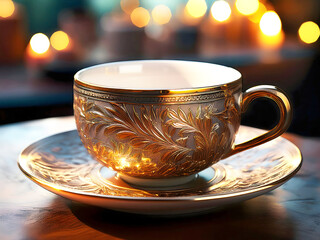 Magnificent Gilded Tea Cup and Saucer with Intricate Floral Engravings, Set in a Warm, Candlelit Evening Ambiance with Bokeh.