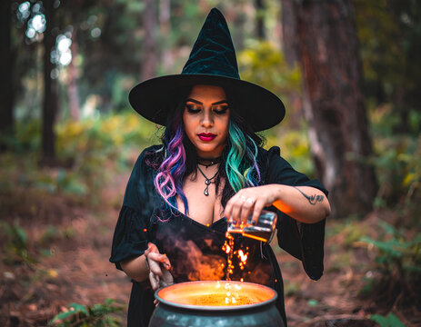Modern witch with colorful hair brewing a glowing potion in a forest cauldron.
