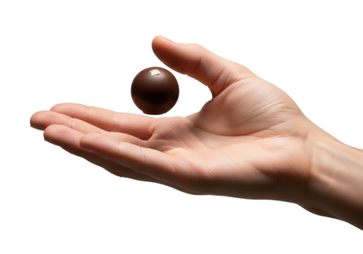 Light-skinned, manicured hand presents a gourmet dark chocolate truffle with gold leaf, isolated on a seamless transparent background. Concept of luxury food presentation