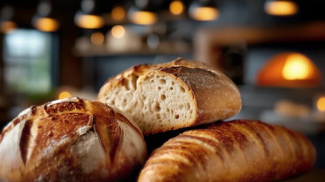 Artisan Bread Selection in Warm Bakery Glow. Assortment of golden-crusted round loaves and slender baguettes on rustic board, with sliced interior revealing airy crumb.