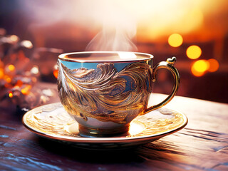 Luxurious teal and gold teacup with rich, ornate scrollwork and steaming hot beverage in a warm, low-light setting.